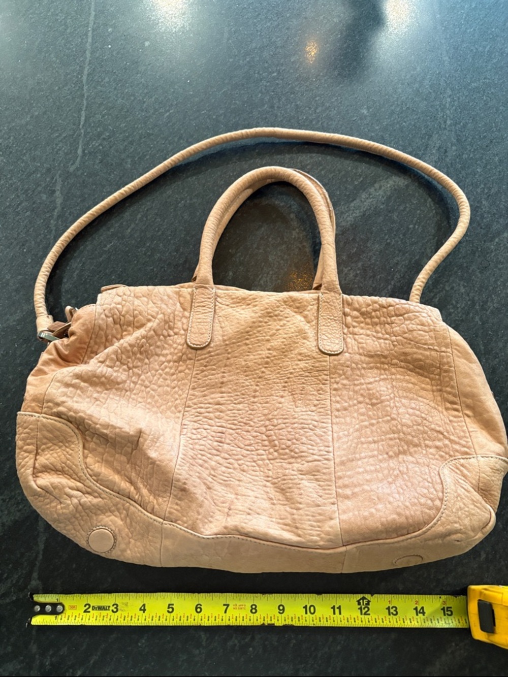 Soft Pebbled Leather Satchel Handbag in light pink.